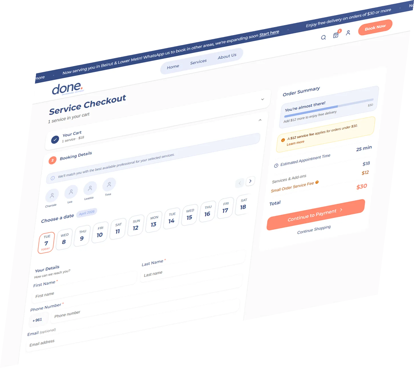 Booking details step with date picker and provider selection