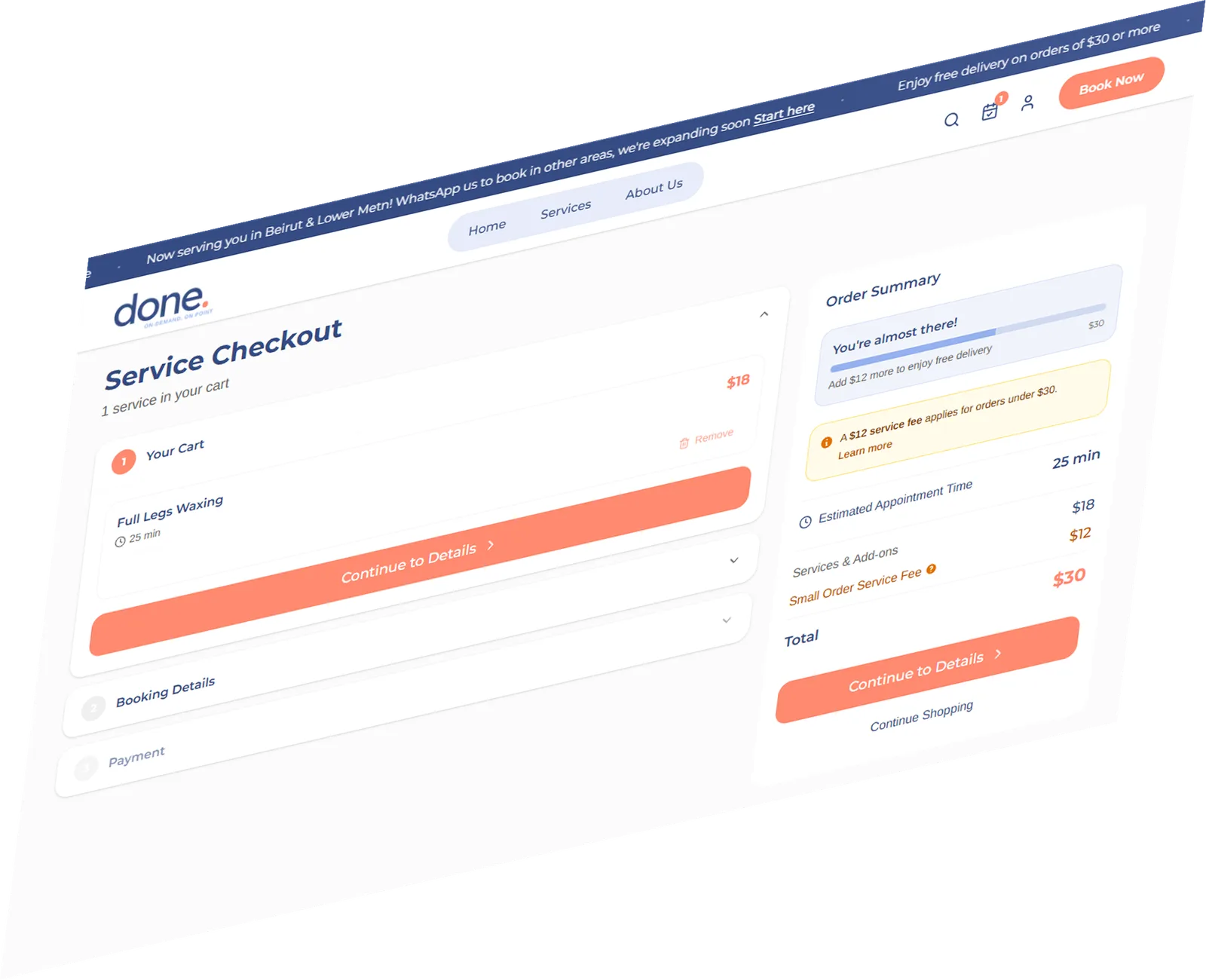 Service checkout with cart summary and order details