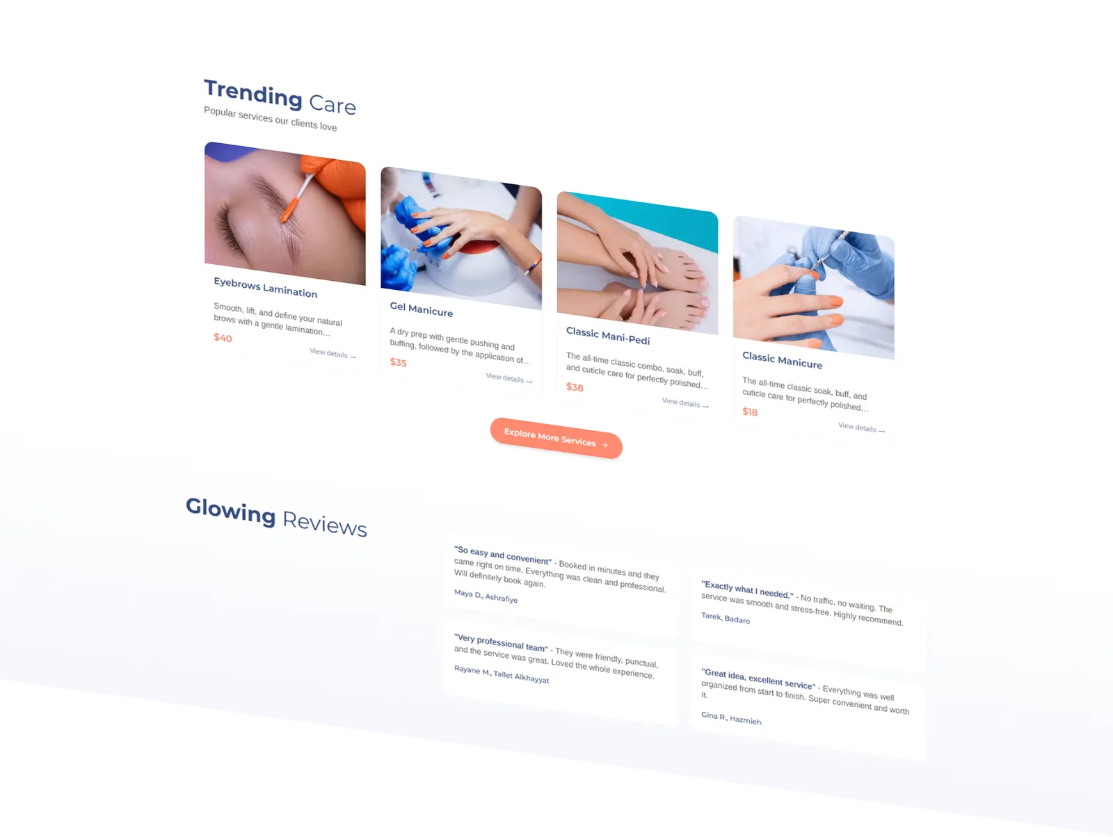 Homepage featuring trending services and client reviews