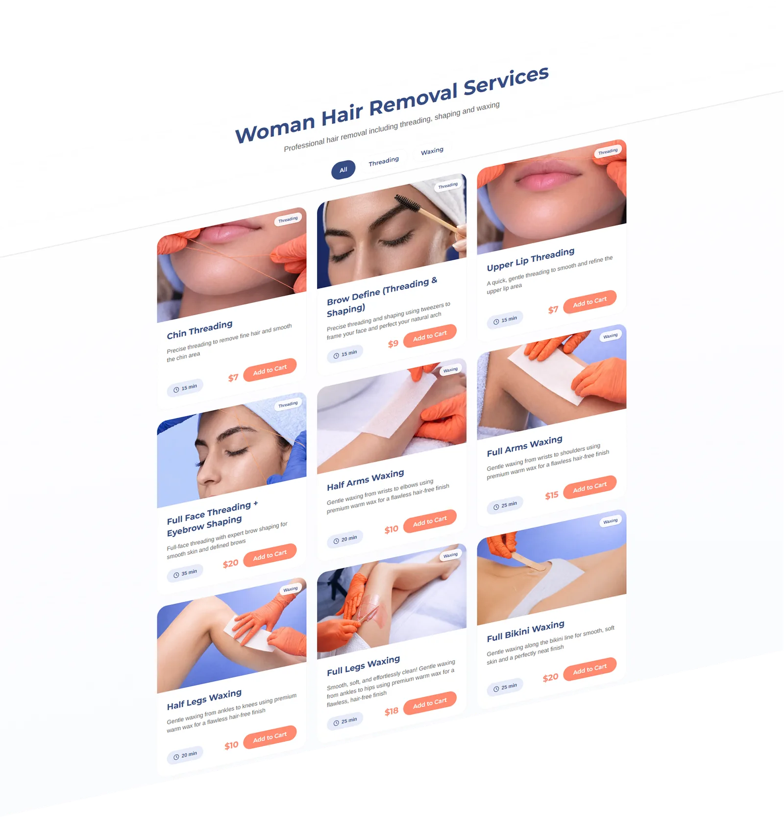 Service listing page showing hair removal services with filtering