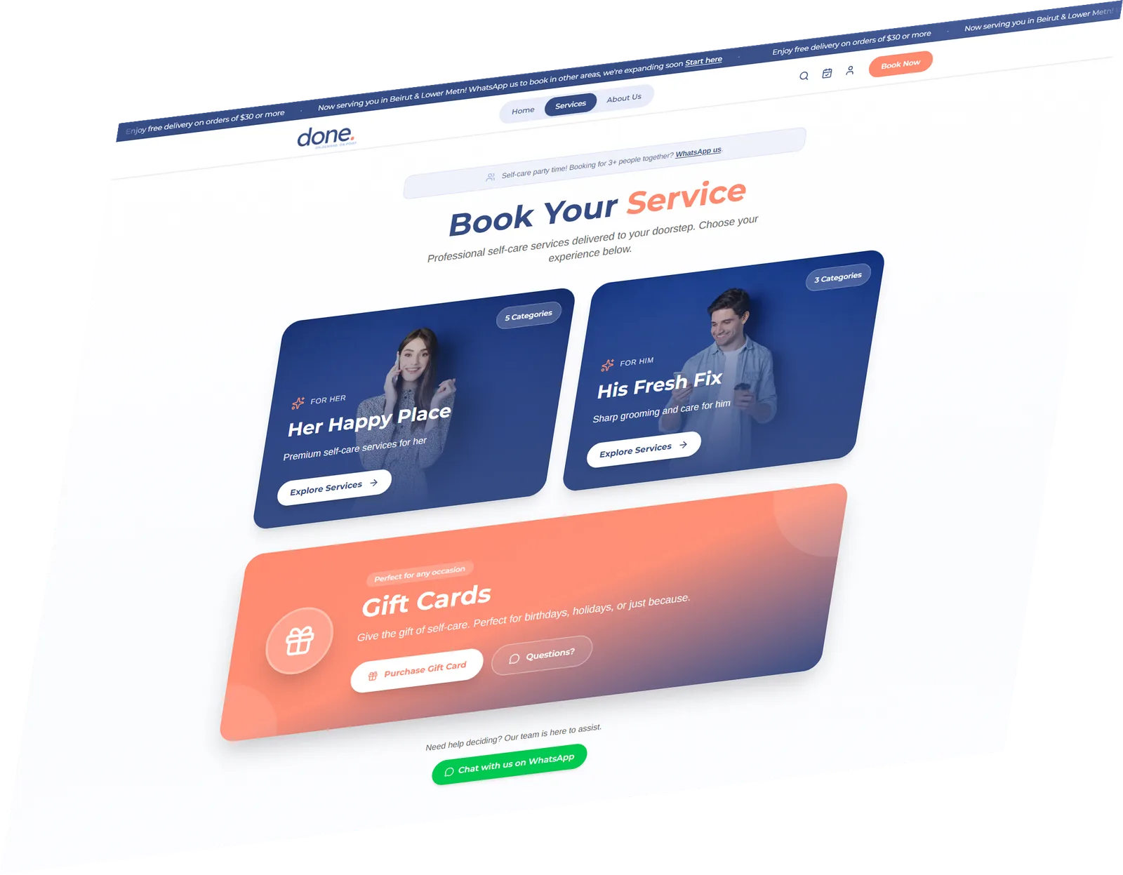 Book Your Service — category selection for women's and men's services