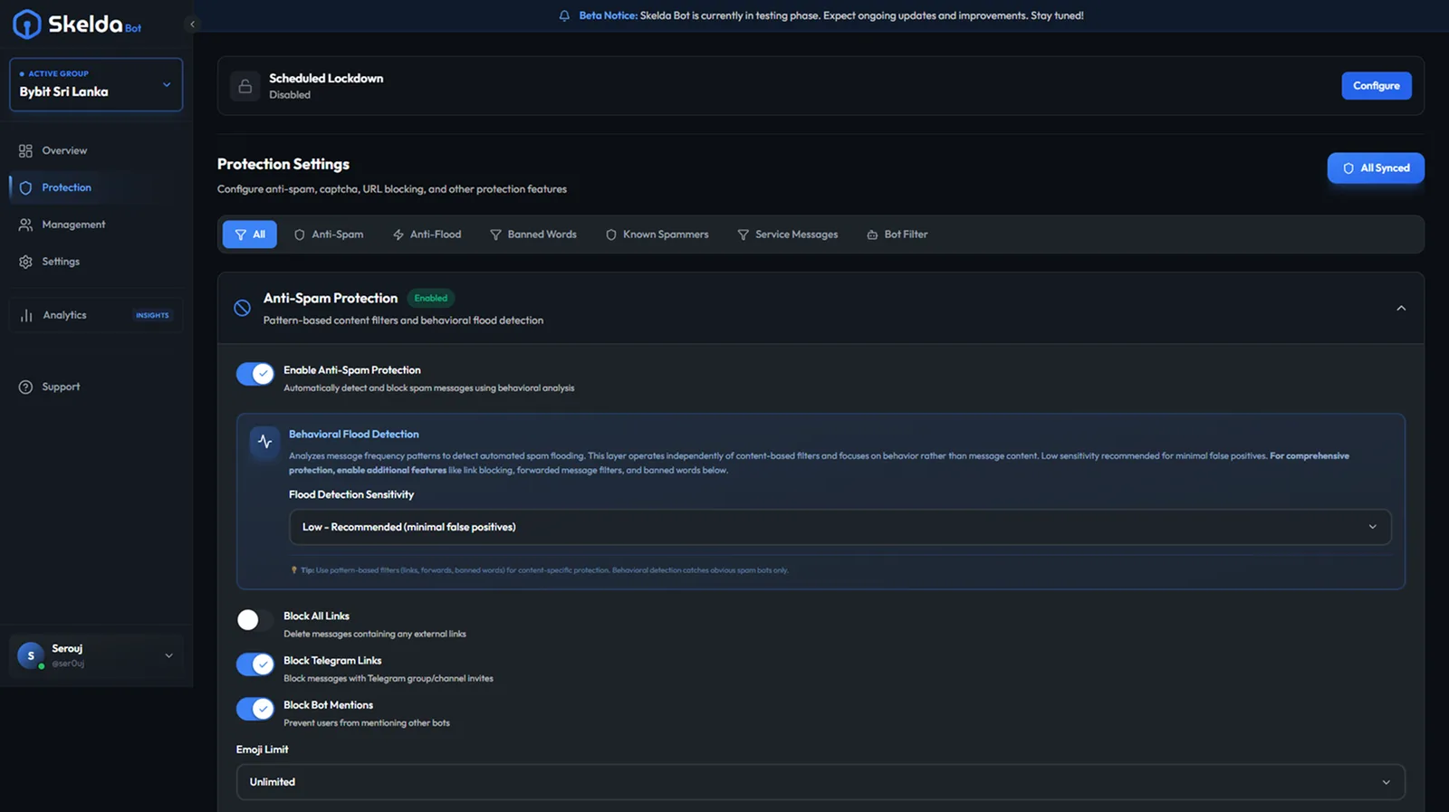Group analytics — message activity, daily active users, engagement rate, and protection statistics