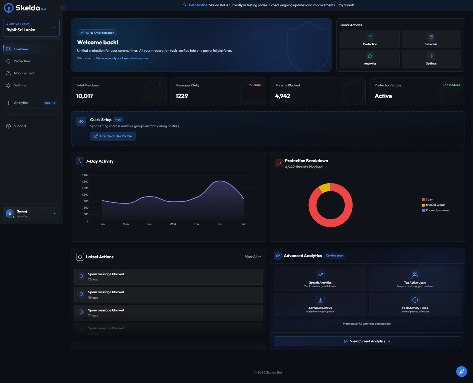Skelda dashboard overview — member stats, activity chart, protection breakdown, and latest actions